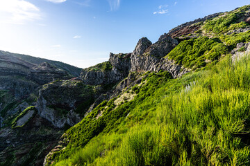 Beautiful mountain scenery near the mountain peak Pico do Arierio on Madeira Island