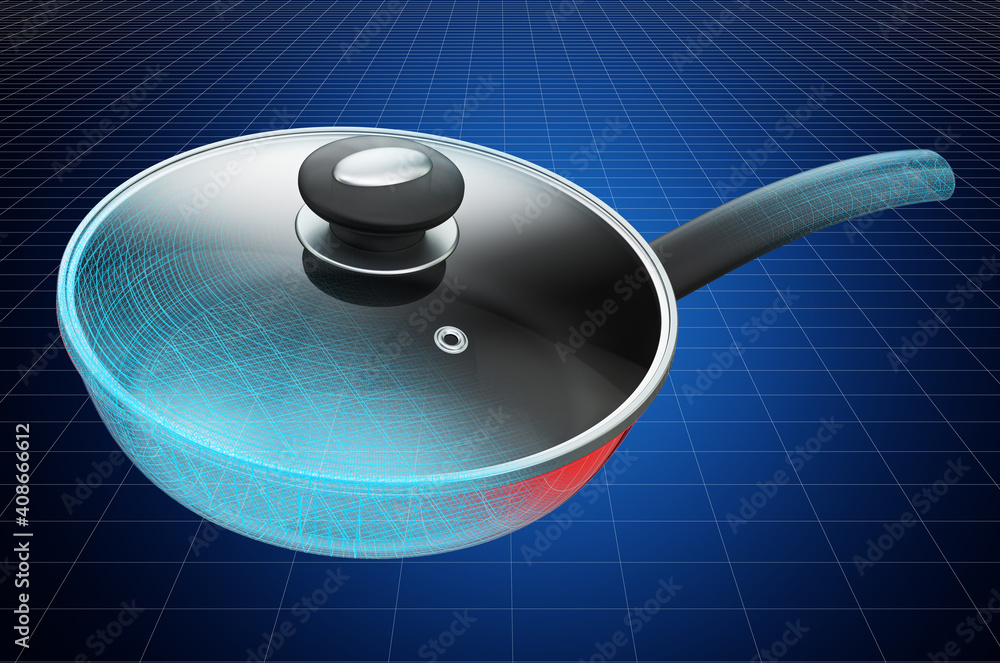 Poster visualization 3d cad model of frying pan, blueprint. 3d rendering