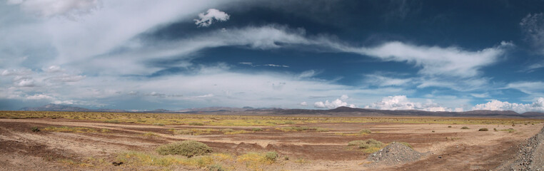 Inspirational background. Panorama view of the arid desert, valley, grass and mountains in the background under a beautiful blue sky with dramatic clouds.