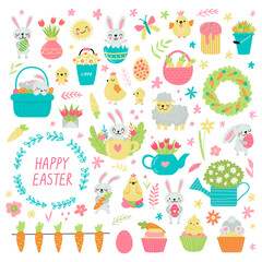 Set of cute Easter cartoon characters and design elements. Bunny, chickens, eggs and flowers. Vector illustration