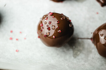 peanut butter chocolate truffles on baking sheet