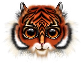 Illustration of a tiger's face with big eyes.The 2022 symbol is isolated on a white background. Drawing with realistic fur. Great for kids invitations and textile 