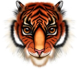 Illustration of yaer of a tiger's face with big eyes.The 2022 year symbol is isolated on a white background. Drawing with realistic fur.