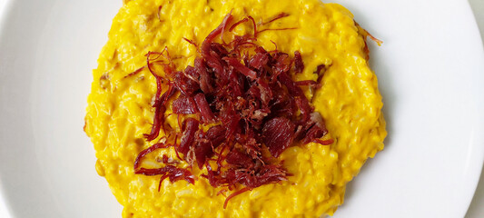 Brazilian traditional food, pumpkin rissoto with carne seca, beef jerky, dried beef, São Paulo,...