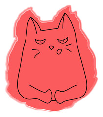 Drawn cat in line style, lies on the background of a red spot. The element is isolated, on a blom background.
