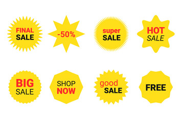 Starburst sticker set for promo sale. Vector badge shape with signs - star and roundburst label, price offer promotion