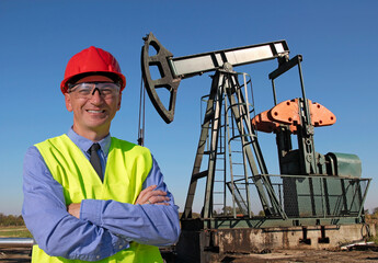 Smiling Engineer in Red Hardhat and Yellow West Standing in front of the Oil Well