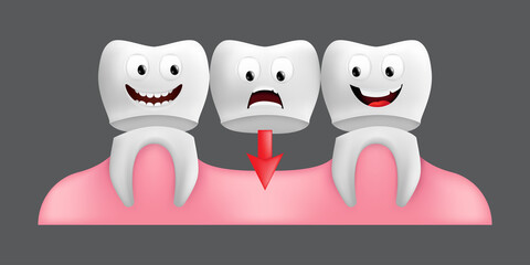 Smiling teeth with fixed bridgework. Cute character with facial expression. Funny icon for children's design. 3d realistic vector illustration of a dental ceramic model isolated on a grey background