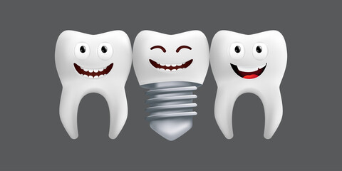 Smiling teeth with metal implant. Cute character with facial expression. Funny icon for children's design. 3d realistic vector illustration of a dental ceramic model isolated on a grey background