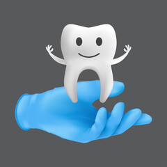 Dentist hand wearing blue protective surgical glove holding a ceramic model of the tooth. 3d realistic vector illustration of children's dentistry concept isolated on a grey background