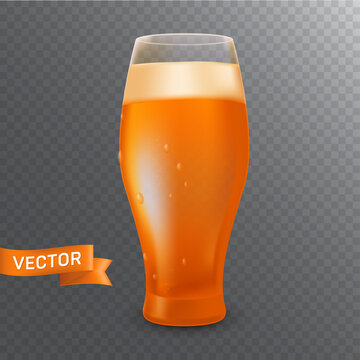 A glass with a pint of a cold light beer, foam, bubbles and drops. 3D realistic vector illustration isolated on a transparent background