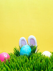 Colored Easter eggs laying on green grass in the foreground and bunny ears behind them. Yellow background with copy space.