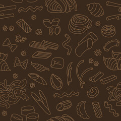 Italian pasta types. Seamless pattern on dark brown background. Line art drawing.