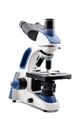 Professional optic instruments, scientific method and clinical science concept with research lab microscope isolated on white background with clipping path cutout