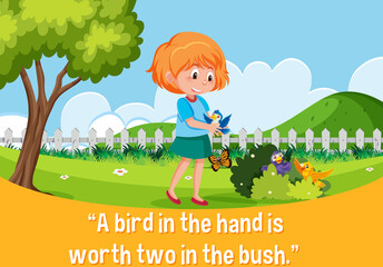 English idiom with picture description for a bird in the hand is worth two in the bush - obrazy, fototapety, plakaty