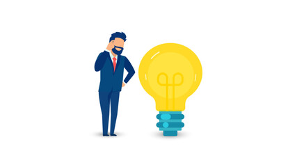 Vector of a thinking business man with with a bright idea light bulb isolated on white background