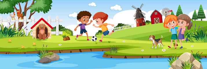 Obraz na płótnie Canvas Children playing in nature farm horizontal landscape scene at day time