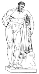 Farnese Hercules. Illustration of the 19th century. Germany. White background.