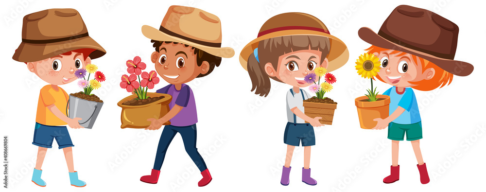 Wall mural Boy and girl holding flower in pot cartoon character isolated on white background