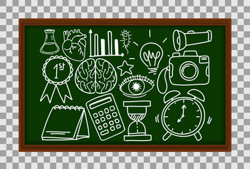 Different doodle strokes about science equipment on chalkboard on transparent background