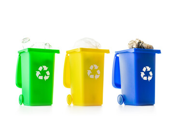 Recycling sorting. Bin container for disposal garbage waste and save environment. Yellow, green, blue dustbin for recycle plastic, paper and glass can trash isolated on white background.