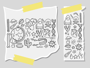 Different doodle strokes about science equipment on a paper