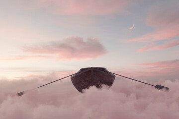altes Ruderboot schwebt über wunderschönem Wolkenmeer im Abendlicht. 3D Rendering © Brilliant Eye