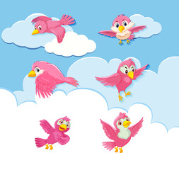 Set of bird character on sky background
