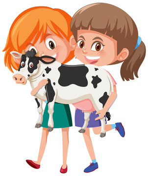 Two girls holding cute animal cartoon character isolated on white background