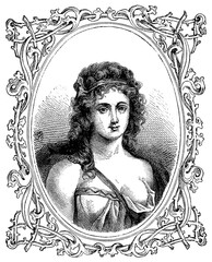 Portrait of Marie-Therese-Richard de Ruffey, Marquise de Monnier - the mistress of Honore Gabriel Riqueti, comte de Mirabeau. Illustration of the 19th century. Germany. White background.