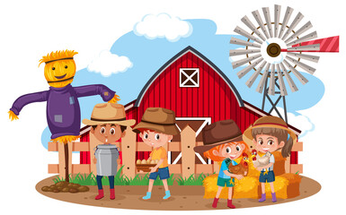 Children in farm scene on white background