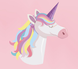 Unicorn head with rainbow mane and horn isolated on pink background