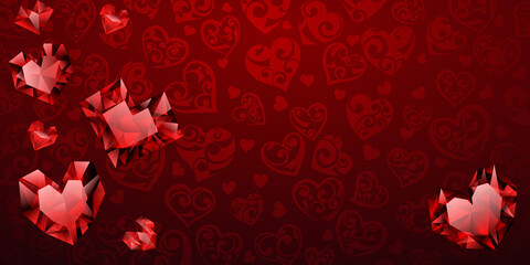 Background of big, small and several crystal hearts in red colors. Illustration on Valentine Day