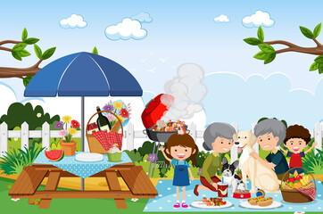Obraz na płótnie Canvas Picnic scene with happy family in the garden