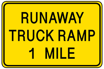 Runaway truck ramp 1 mile warning sign isolated on white background