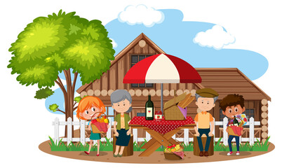 Happy family picnic in front of house scene