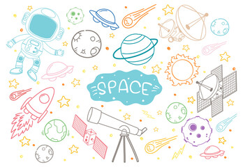 Set of space element doodle isolated on white background