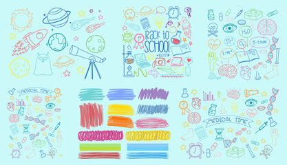 Set of colorful object and symbol hand drawn doodle on blue background