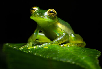 Close up of an Emerald Glass Frog or Nicaragua Giant Glass Frog (Spadarana prosoblepon). Green frog...