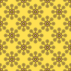 Seamless geometric pattern of bright curly multibeam stars, on a mustard background.