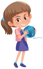 Girl holding yarn ball cartoon character isolated on white background