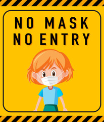 No mask no entry warning sign with cartoon character
