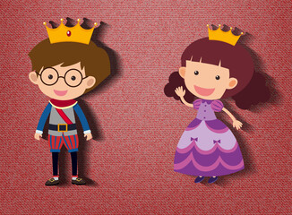 Little prince and princess cartoon character on red background