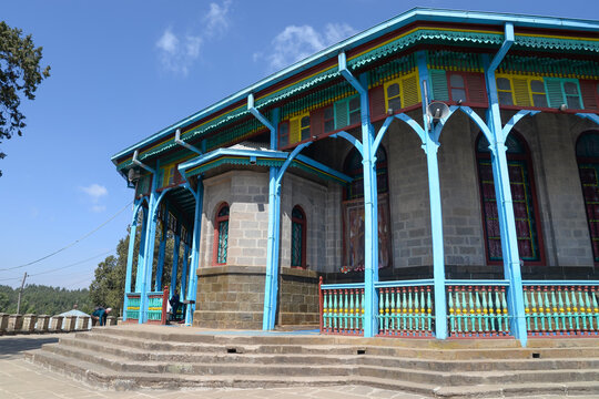 Entoto Maryam Church near the top of Entoto Hill in Addis Ababa, Ethiopia. Emperor Menelik was coronated here. Wooden colorful ornaments.
