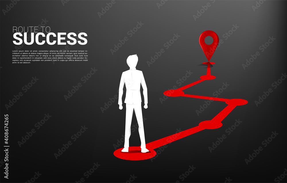 Poster silhouette businessman standing with route between 3d location pin markers and businessman . concept