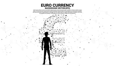 Silhouette businessman standing with money euro currency icon from Polygon dot connect line. Concept for europe financial network connection.