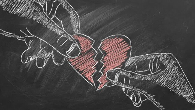 Male and female hands with broken heart. Conflict between women and men. Concept of Love, Life, Reunion, Conciliation, Mercy, Health. Happy Valentine's day. World heart day. Chalk drawing illustration