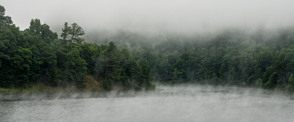 Foggy forest lake, low clouds over green woods, with mist floating above the surface of the water.