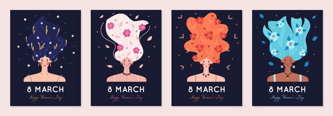 Fototapeta premium 8 March. International Women's Day. Portraits of girl with raised hair decorated with many flowers on dark background. Woman with blooming hairstyle. Spring holiday. Poster, invitation, greeting card