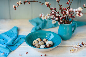 Composition on a white table with branches of blooming apricots, quail eggs in a blue plate and blue towels